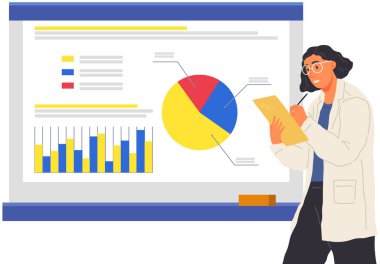 Çözüm arayışı, bilimsel analiz konsepti. İstatistiksel tabloya bakan bir kadın. Bilim adamı veri analizi ve istatistik araştırmaları üzerinde çalışıyor. Büyüteci olan kişi diyagramı analiz eder