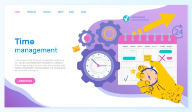 Zaman yönetimi, iş akışı organizasyonu web sitesi düzeni. Çalışma verimliliği, verimlilik artışı, web geliştirme kavramı. Zaman çizelgesi, teslim tarihi. Kronometre elinde, kronometre elinde.