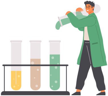 Bilim adamı ekipmanlarla laboratuvar analizi yapıyor. Bilimsel deney yapan kimyager, mataradaki sıvıyla kimyasal araştırma, asistan, biyolojik örnek, eğitim, kimya, bilim
