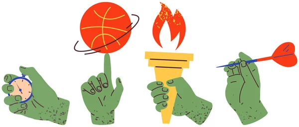 Ruce Držící Sportovní Soutěžní Symboly Položky Pro Účast Olympijských Hrách — Stockový vektor
