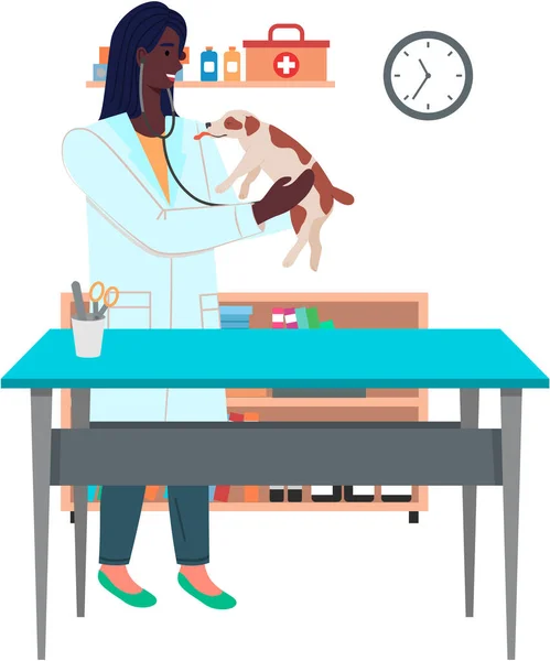 Θηλυκός Κτηνίατρος Που Κρατάει Σκύλο Για Διάγνωση Υγεία Κατοικίδιων Ζώων — Διανυσματικό Αρχείο