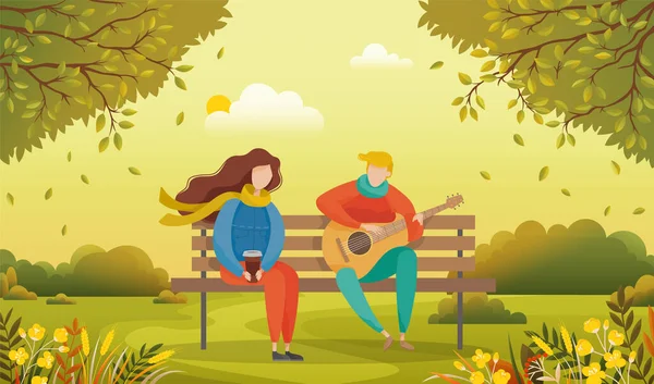 Personas Relación Sentadas Banco Madera Parque Otoño Pareja Fecha Pasa — Vector de stock