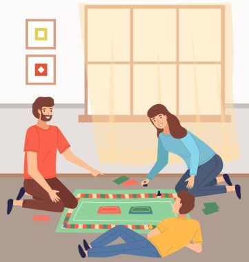 Mutlu ebeveynler ve çocuklar evde masa oyunu oynuyorlar. Ergen çocuklu bir çift, oturma odasında masa oyunuyla eğleniyor. Aile eğlencesi, eğlence, ebeveynlik konsepti, anne, baba ve oğul için