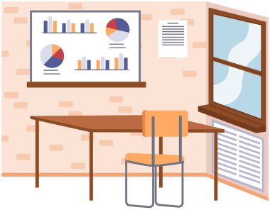 Çalışanların iş yeri organizasyonu. Oda tasarımı, veri ve istatistiklerle çalışmak için alan. Ofisteki mobilyaların düzenlenmesi. Masa sandalyeli işyeri ve diyagramlı istatistiksel poster
