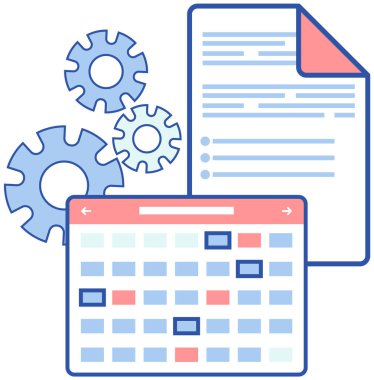 Planlama ve zaman yönetimi simgeleri. Zaman çizelgesi, tarihli ajanda, kağıt döküman. Hatırlatma, günlük plan, program konsepti. Zamanlama toplantısı ya da tatiller için notlu takvim