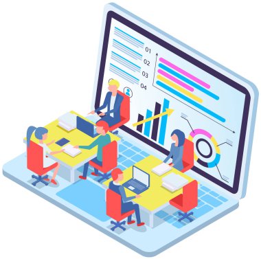 Ofiste iletişim kuran iş adamları istatistikleri tartışıyor, farklı grafik ve grafikleri analiz ediyorlar. Finansal muhasebe konsepti. Organizasyon süreci, analitik, planlama, rapor, pazar analizi
