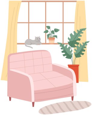 Oturma odasının iç tasarımı. Sandalyeli, dekorlu aksesuarlı. Odada dinlenmek için mobilya planlama ve düzenleme. Kol koltuğu kedili pencerenin yanında dinlenmek için. Rahat bir daire.