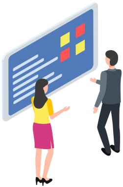 People during meeting, instruction, education, business training. Teamwork, presentation in office. Working in analytics, cooperation and team brainstorming. Colleagues work with data and information