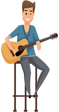 Gitarist spot ışıklarıyla oturmuş telleri uzatıyordu. Sanatçı canlı müzik yapıyor. Adam konser sırasında müzik aleti çalıyor. Erkek karakter akustik gitarda şarkı söyler.
