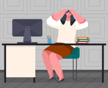 Genç, sinirli, korkmuş iş kadını kâtip masanın başında kafa tutarak oturuyor. Ofis aşırı yüklenmesi ve zihinsel stres. Hayal kırıklığı, depresyon, korku, iş, aşırı çalışma, son teslim tarihi kavramı