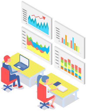 Ofiste iletişim kuran iş adamları istatistikleri tartışıyor, farklı grafik ve grafikleri analiz ediyorlar. Finansal muhasebe konsepti. Organizasyon süreci, analitik, planlama, rapor, pazar analizi