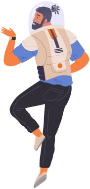 Animators at birthday party in cosmic style. Theme party in costumes. Dancing people in costumes have fun at space party. Characters in self made outfits surrounded by cosmic bodies, space disco