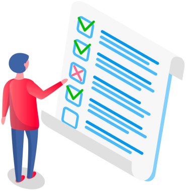 İşadamı büyük bir kontrol listesindedir. İşaretli çalışma çizelgesi, yapılacaklar listesi. İş organizasyonu ve hedeflerin başarıları. Kontrol listesi, anket, yönetim ve görev planlama kavramı