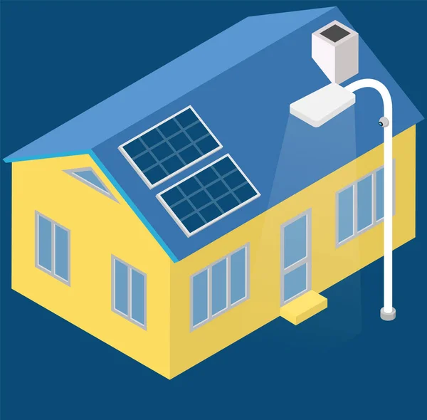 Bâtiment Villageois Durable Renouvelable Avec Panneaux Solaires Photovoltaïques Énergie Électrique — Image vectorielle