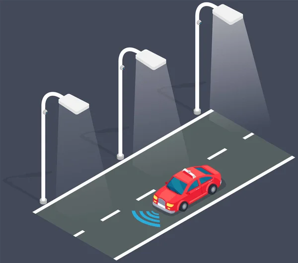 Passenger Auto Transport Moves Road City Night Time Vehicle Transporting — Διανυσματικό Αρχείο