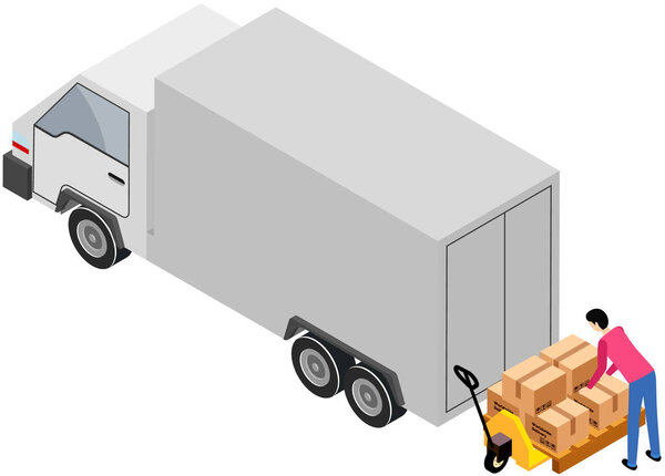 Shipping service and cargo truck, loader loading parcel package boxes, delivery van vehicle, industrial automobile, car with freight, postal logistics or warehouse courier, commercial transport