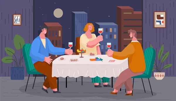 Люди Сидящие Столом Ресторане Веселятся Разговаривая Встреча Друзей Мужчина Пьет — стоковый вектор