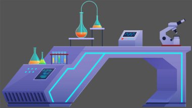 Laboratuvar çalışma alanı ve işyeri konsepti. Kimya araştırma laboratuvarı içinde deneyler, fizik ve biyoloji için profesyonel ekipmanlar var. Bilim ve teknoloji geliştirme, biyoteknoloji ve analiz