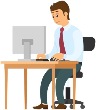 İş adamı internet sitelerinde sörf yapıyor ve bilgisayarla masada oturan grafikleri analiz ediyor. Dijital hizmetler, internet programı teknolojisi. Bilgisayarda dünya çapında ağ kullanan bir adam, ekrana bakan bir çalışan