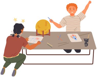 People draw with colored pencils and paints at table. Children draw pictures in space style. Boy and girl doing art together. Creative pastime with friends concept. Kids paint planets and stars