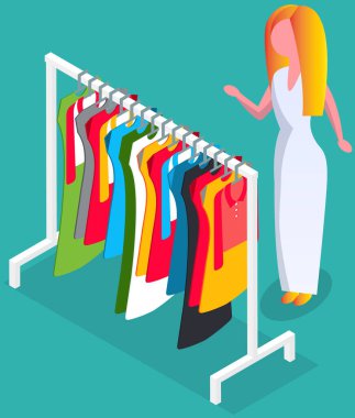 Choosing clothes in store, shopping concept. Female buyer chooses clothing in dressing room. Customer with dress hanging on hanger in mall. Woman shopper stands in fitting room of store or boutique