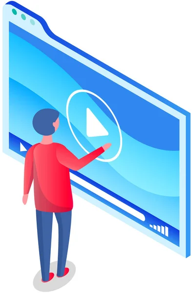 Persona Accende Lettore Visualizzare Lezione Video Applicazione Guardare Film Illustrazione — Vettoriale Stock