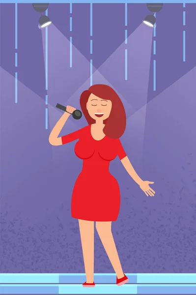 Молодая Красивая Девушка Поет Песню Микрофон Стоящий Красном Платье Ведущий — стоковый вектор