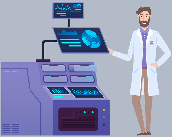 Male character working on project in scientific lab with equipment, man searching for information. Experiment or research in laboratory. Professional chemist, biology and chemistry development