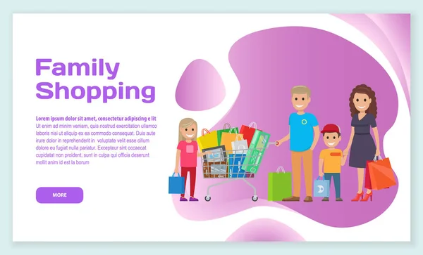 Family People Bags Supermarket Trolley Shopping Landing Page Template Cartoon —  Vetores de Stock