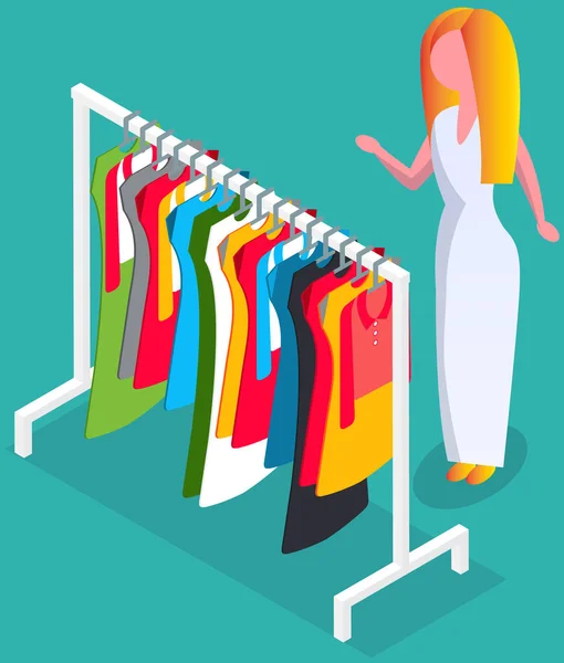 Choisir Des Vêtements Magasin Concept Shopping Acheteuse Choisit Des Vêtements — Image vectorielle