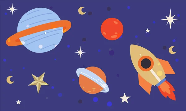 蓝色背景的火箭和行星贴纸 宇宙飞船在天体和恒星之间飞行 漂亮的天文形状宇宙设计元素机载火箭的天空景观 — 图库矢量图片