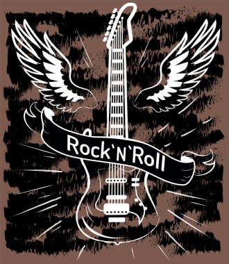 Klasik el yapımı rock n roll posteri. Müzik t-shirt tasarım etiketi. Amblemli müzikal tişört grafikleri. Rock festivali, afişin sloganı. Arkasında kanatları olan elektro gitar, kurdeleli pankart.