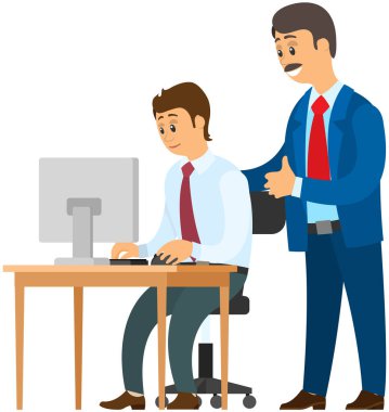Boss gives instructions to subordinates at workplace, work of department, company. Group of clerks at computer. Managers, colleagues, office workers. Characters busy, people works with laptop