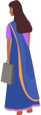 Young beautiful cartoon style Indian woman in traditional clothes isolated on white background. Female character dressed in costume sari stands at full height back view. Fashion lady, asian person