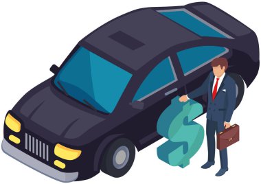 Lüks arabanın yanında bir iş adamı. Zenginlik ve başarı sembolleri, pahalı yaşam vektörü çizimleri. Birinci sınıf bir otomobil ve başarılı bir adam. Modern birinci sınıf araba ve dolar simgesinin yanındaki zengin kişi.