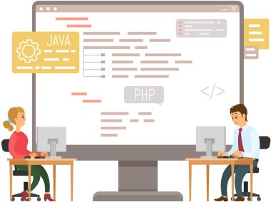 Programmer engineering and coding. Programmer working on web development on computers. Concept of script coding and programming in php, javascript, python, other languages. Software developer