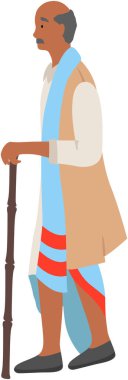 Geleneksel kıyafet giymiş Hintli yaşlı bir adam karikatür çiziyor baston kenarlı yürüyen yaşlı erkek karakter izole düz çizgi film çizimi yapıyor. Büyükbaba, elinde tahta sopayla Hintli yaşlı bir adam.