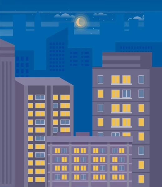 Ilustracja Wektora Miasta Miejski Krajobraz Nocny Pejzaż Miasta Księżycem Niebie — Wektor stockowy