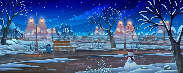 Winter weather, lightning, snowy and snow at night. snow falls and snowman, winter weather. Night view of city park vector illustration. Evening park or garden with trees and benches