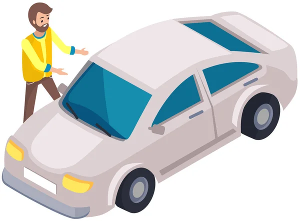 Bearded Man Standing Next New Car Renting Choosing Automobile Driver — Stock Vector