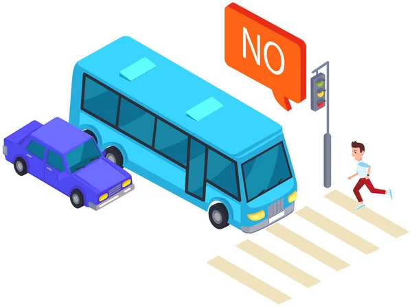 건널목 근처에 버스가 있어요 운전자들은 보행자들 멈춘다 도로를 건너고 신호를 — 스톡 벡터