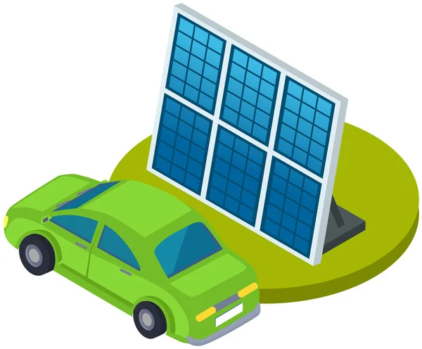 代替エネルギー源の近くで充電電気自動車 再生可能なスマート電気ネットワークグリッド上の車両 現代の自動車を充電するためのバイオパワーの生産 エコ燃料を作るための太陽光パネル — ストックベクタ