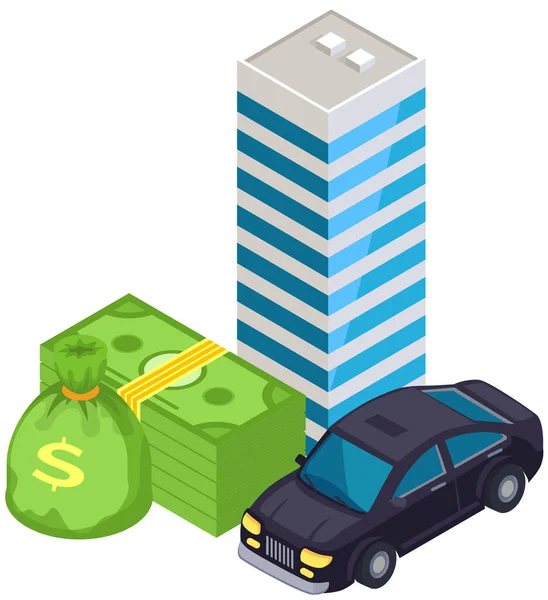 昂贵的汽车和豪华建筑附近的钞票 财富的象征和成功的载体说明 成功生活的要素 高档汽车 摩天大楼 富人的收入 — 图库矢量图片