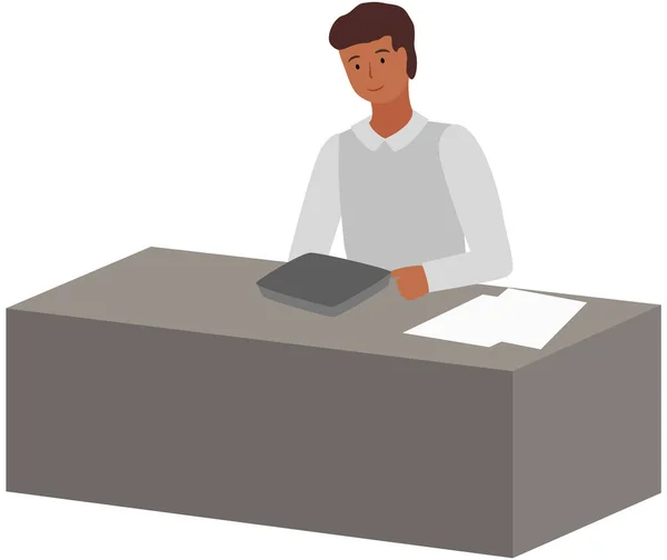Homme Écrivant Assis Table Bureau Style Plat Vendeur Caractère Masculin — Image vectorielle