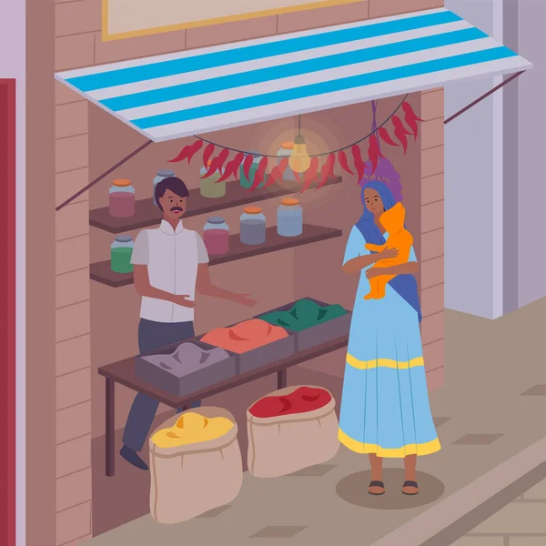 Indian Woman Eastern Street Bazaar Seller Counter Sell Vegetables Spices — Stockový vektor