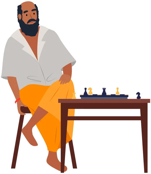 Indián Dospělý Muž Hraje Šachy Chytrý Vousatý Muž Sedí Stolu — Stockový vektor