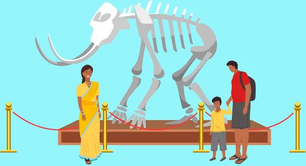 恐竜の骨格や考古学的展示と歴史博物館のインテリア 古生物学と考古学 先史時代の動物と古代の遺物の展示で家族の母 父と息子 — ストックベクタ