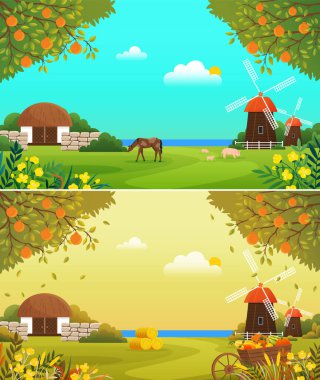 Çiftlik, farklı mevsimlerde ekolojik çiftlik. Organik tarım, geleneksel tarım ve büyüyen gıda konsepti. Değirmeni ve ahırı olan çiftlik arazisi. Baharda ve sonbaharda hayvanlı tarım arazileri