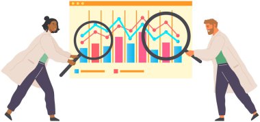 Çözüm arayışı, bilimsel analiz konsepti. Adam istatistiksel tabloya bakıyor. Bilim adamı veri analizi ve istatistik araştırmaları üzerinde çalışıyor. Büyüteci olan kişi diyagramı analiz eder