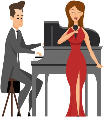 Opera sanatçıları ve müzisyen piyanist sahnede. Konser salonu performansı düz renk vektörü. Güzel şarkıların olduğu bir akşam gösterisi. Zarif klasik müzik sanatçıları. Gala, vokalistlerin konçertosu.